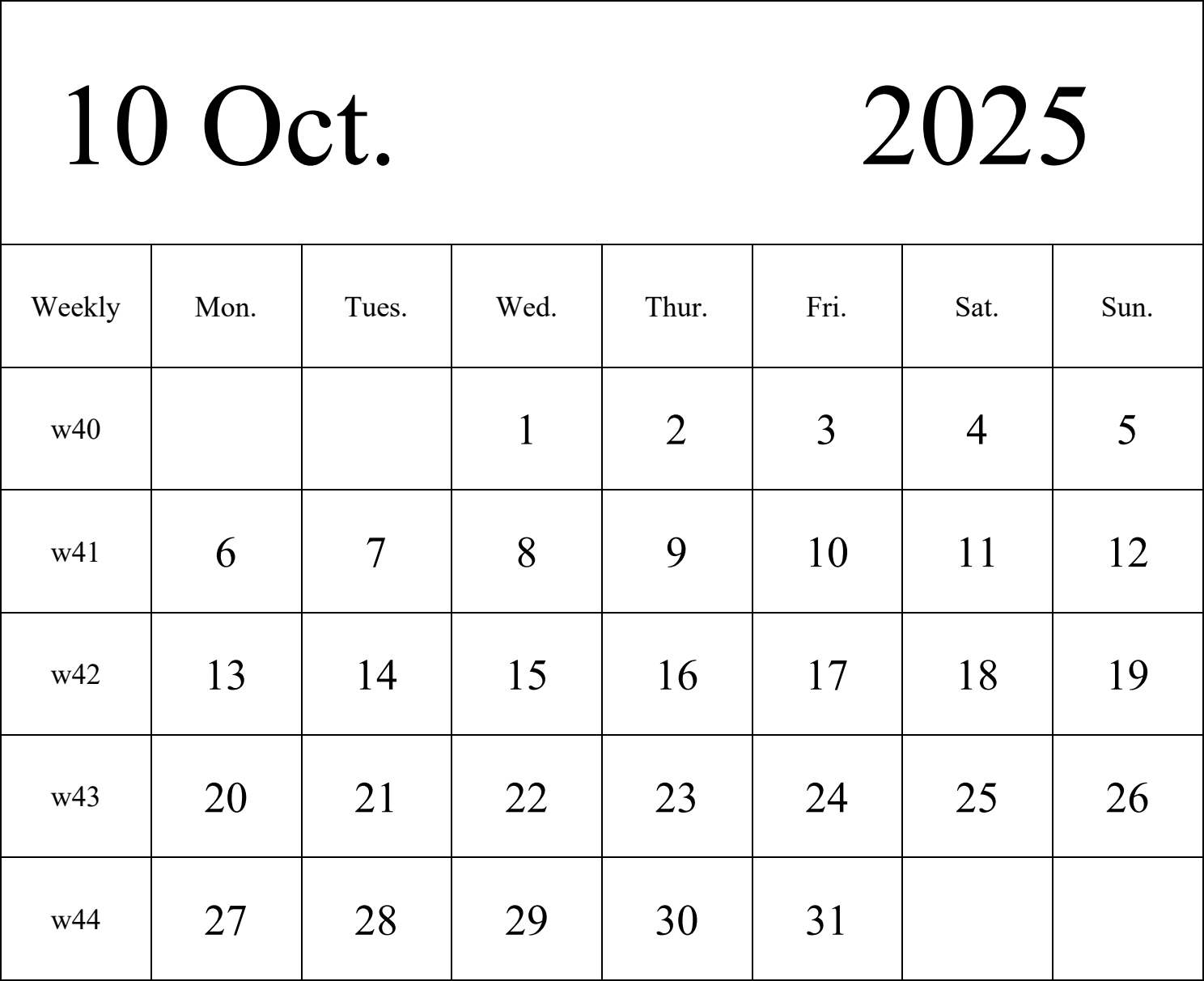 日历表2025年日历 英文版 纵向排版 周一开始 带周数